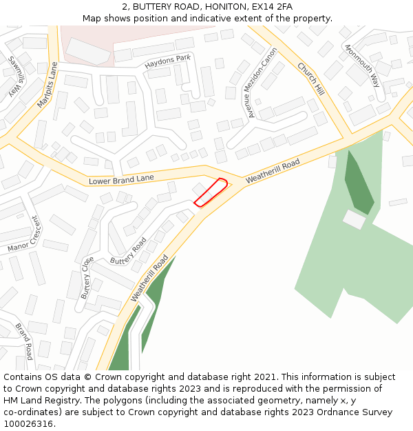 2, BUTTERY ROAD, HONITON, EX14 2FA: Location map and indicative extent of plot