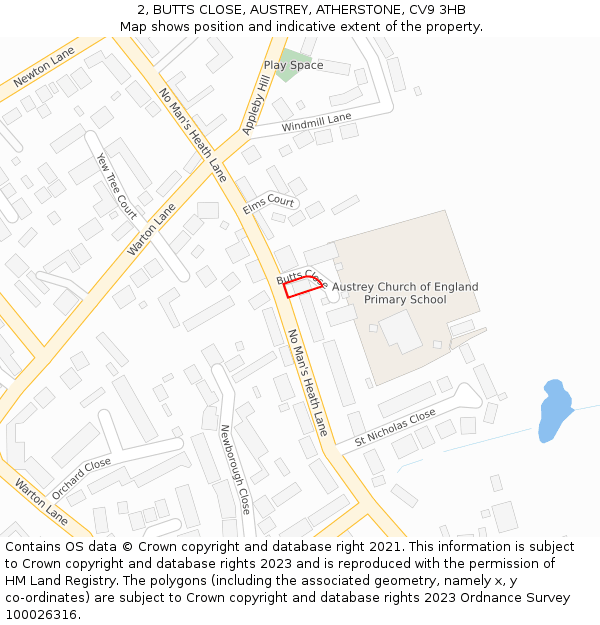 2, BUTTS CLOSE, AUSTREY, ATHERSTONE, CV9 3HB: Location map and indicative extent of plot