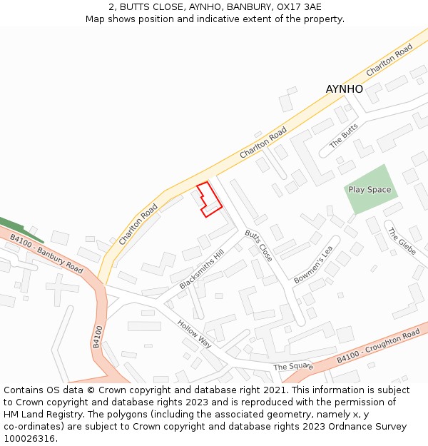 2, BUTTS CLOSE, AYNHO, BANBURY, OX17 3AE: Location map and indicative extent of plot