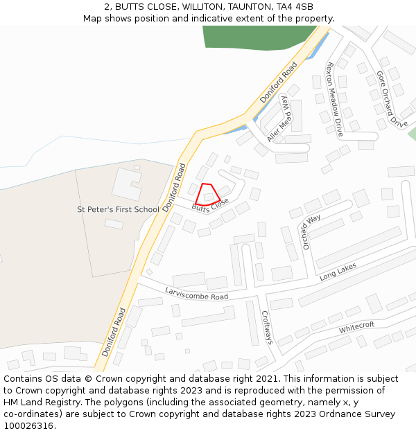 2, BUTTS CLOSE, WILLITON, TAUNTON, TA4 4SB: Location map and indicative extent of plot