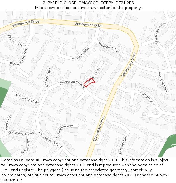 2, BYFIELD CLOSE, OAKWOOD, DERBY, DE21 2PS: Location map and indicative extent of plot