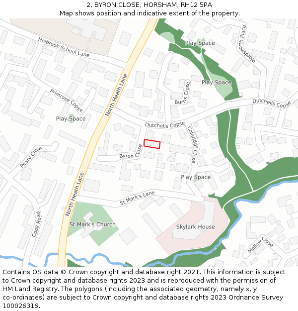 2, BYRON CLOSE, HORSHAM, RH12 5PA: Location map and indicative extent of plot