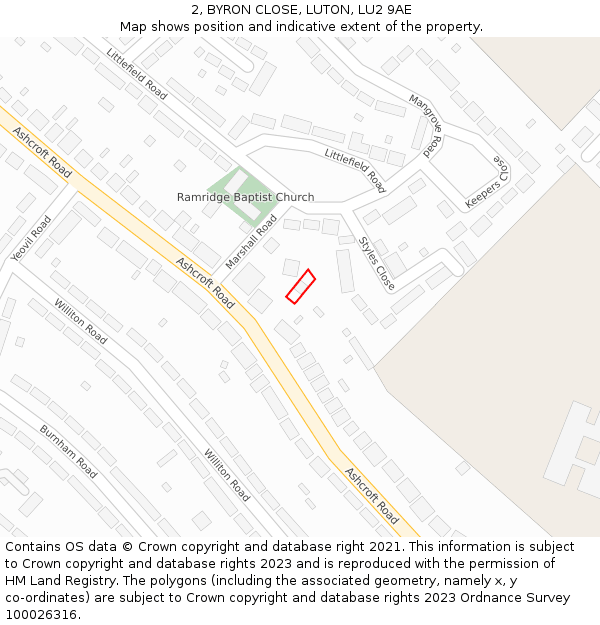 2, BYRON CLOSE, LUTON, LU2 9AE: Location map and indicative extent of plot