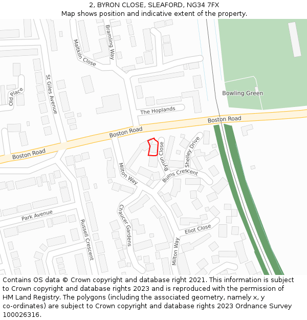 2, BYRON CLOSE, SLEAFORD, NG34 7FX: Location map and indicative extent of plot