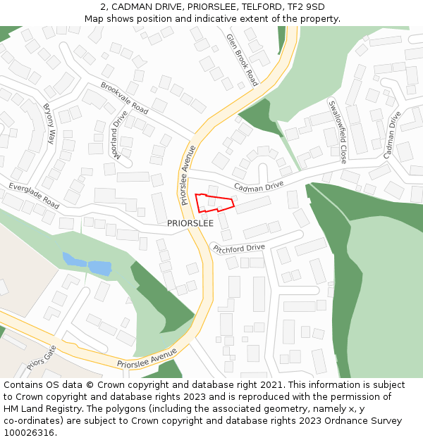2, CADMAN DRIVE, PRIORSLEE, TELFORD, TF2 9SD: Location map and indicative extent of plot