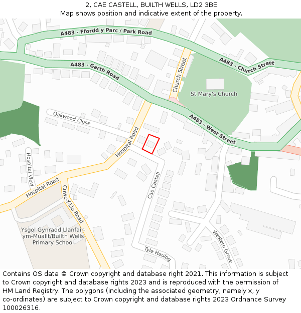 2, CAE CASTELL, BUILTH WELLS, LD2 3BE: Location map and indicative extent of plot