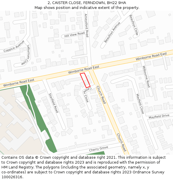 2, CAISTER CLOSE, FERNDOWN, BH22 9HA: Location map and indicative extent of plot