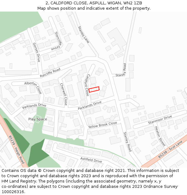 2, CALDFORD CLOSE, ASPULL, WIGAN, WN2 1ZB: Location map and indicative extent of plot