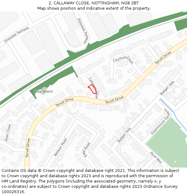 2, CALLAWAY CLOSE, NOTTINGHAM, NG8 2BT: Location map and indicative extent of plot