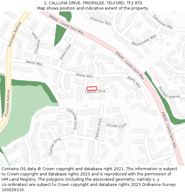 2, CALLUNA DRIVE, PRIORSLEE, TELFORD, TF2 9TS: Location map and indicative extent of plot