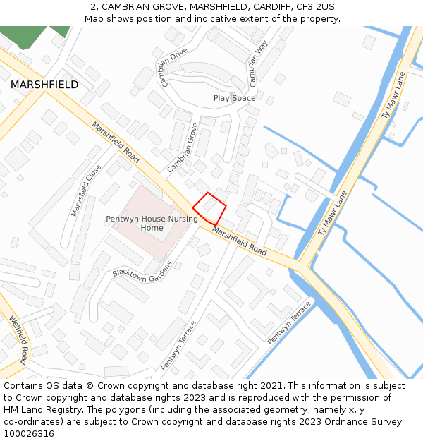 2, CAMBRIAN GROVE, MARSHFIELD, CARDIFF, CF3 2US: Location map and indicative extent of plot
