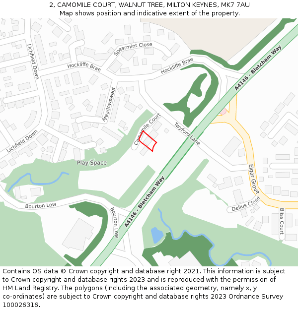 2, CAMOMILE COURT, WALNUT TREE, MILTON KEYNES, MK7 7AU: Location map and indicative extent of plot