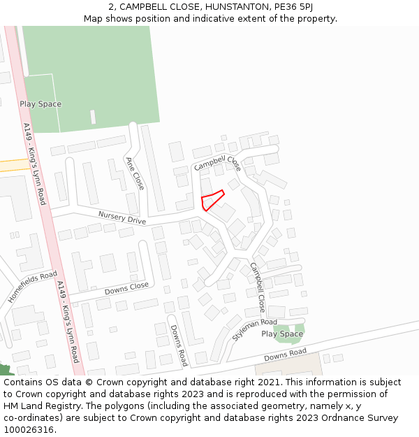 2, CAMPBELL CLOSE, HUNSTANTON, PE36 5PJ: Location map and indicative extent of plot