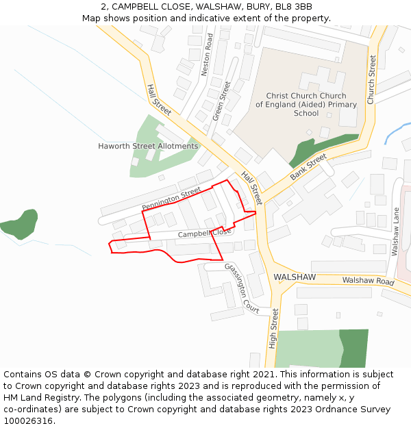 2, CAMPBELL CLOSE, WALSHAW, BURY, BL8 3BB: Location map and indicative extent of plot