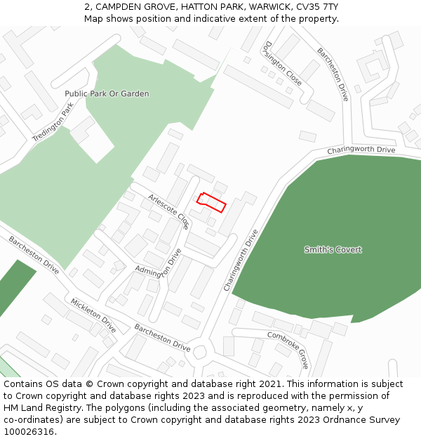 2, CAMPDEN GROVE, HATTON PARK, WARWICK, CV35 7TY: Location map and indicative extent of plot