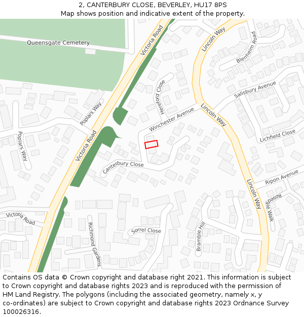 2, CANTERBURY CLOSE, BEVERLEY, HU17 8PS: Location map and indicative extent of plot