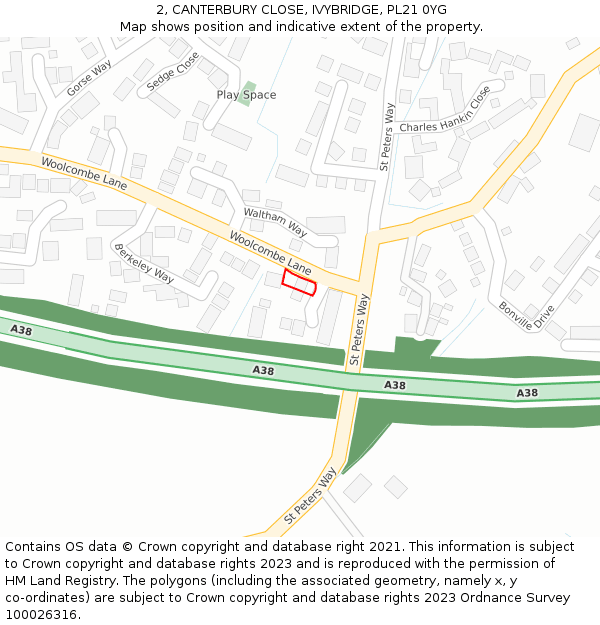2, CANTERBURY CLOSE, IVYBRIDGE, PL21 0YG: Location map and indicative extent of plot