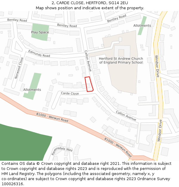 2, CARDE CLOSE, HERTFORD, SG14 2EU: Location map and indicative extent of plot