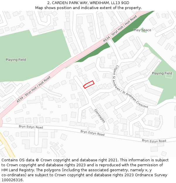 2, CARDEN PARK WAY, WREXHAM, LL13 9GD: Location map and indicative extent of plot