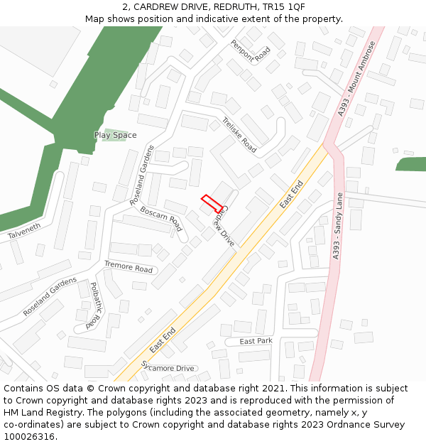 2, CARDREW DRIVE, REDRUTH, TR15 1QF: Location map and indicative extent of plot