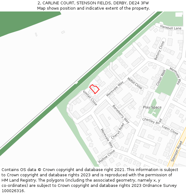 2, CARLINE COURT, STENSON FIELDS, DERBY, DE24 3FW: Location map and indicative extent of plot