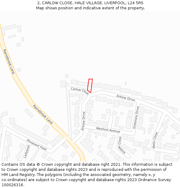 2, CARLOW CLOSE, HALE VILLAGE, LIVERPOOL, L24 5RS: Location map and indicative extent of plot