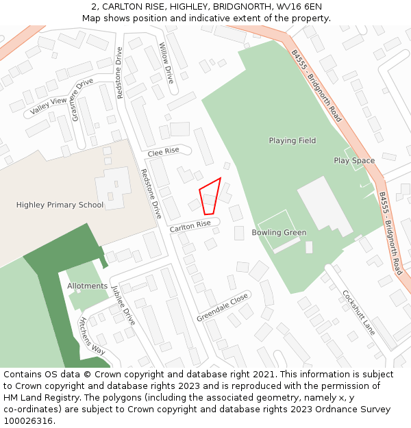 2, CARLTON RISE, HIGHLEY, BRIDGNORTH, WV16 6EN: Location map and indicative extent of plot