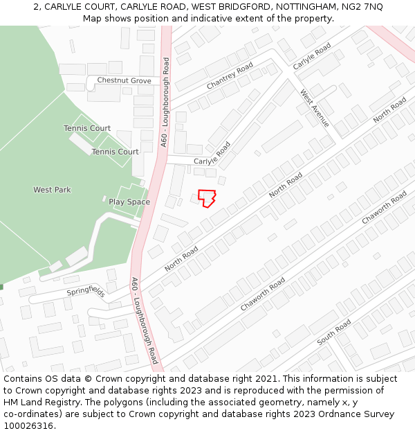 2, CARLYLE COURT, CARLYLE ROAD, WEST BRIDGFORD, NOTTINGHAM, NG2 7NQ: Location map and indicative extent of plot