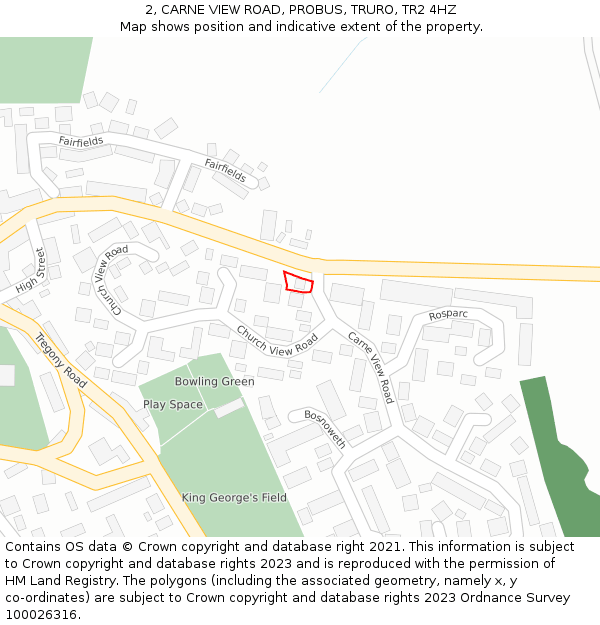 2, CARNE VIEW ROAD, PROBUS, TRURO, TR2 4HZ: Location map and indicative extent of plot