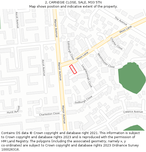 2, CARNEGIE CLOSE, SALE, M33 5TN: Location map and indicative extent of plot