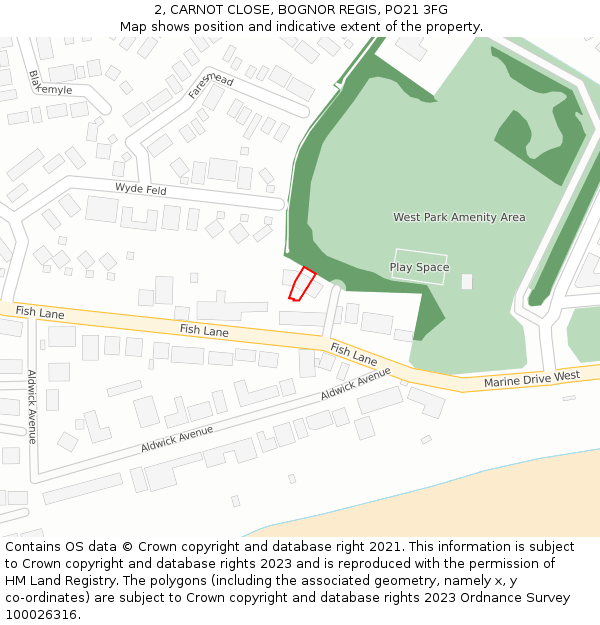 2, CARNOT CLOSE, BOGNOR REGIS, PO21 3FG: Location map and indicative extent of plot