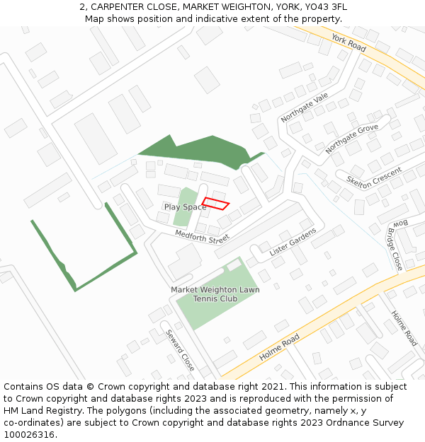 2, CARPENTER CLOSE, MARKET WEIGHTON, YORK, YO43 3FL: Location map and indicative extent of plot