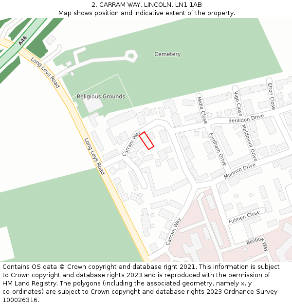 2, CARRAM WAY, LINCOLN, LN1 1AB: Location map and indicative extent of plot