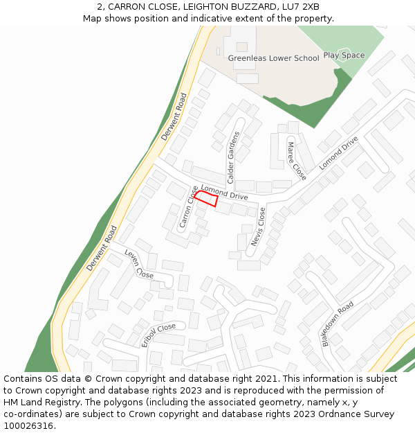 2, CARRON CLOSE, LEIGHTON BUZZARD, LU7 2XB: Location map and indicative extent of plot
