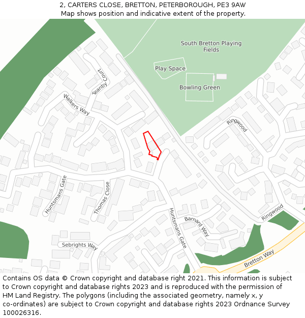 2, CARTERS CLOSE, BRETTON, PETERBOROUGH, PE3 9AW: Location map and indicative extent of plot