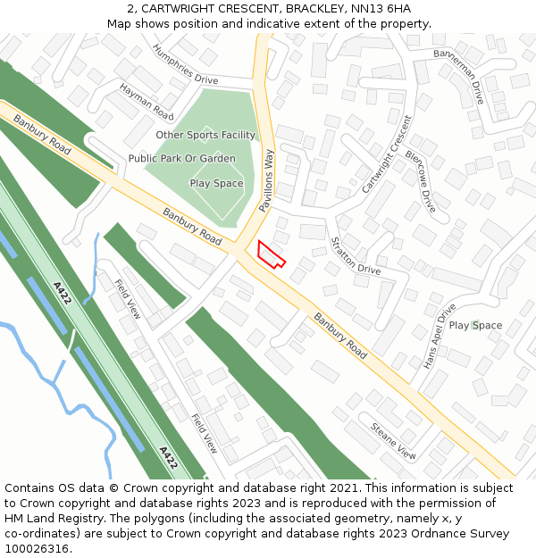 2, CARTWRIGHT CRESCENT, BRACKLEY, NN13 6HA: Location map and indicative extent of plot