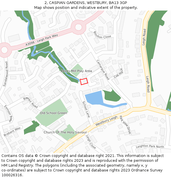 2, CASPIAN GARDENS, WESTBURY, BA13 3GP: Location map and indicative extent of plot