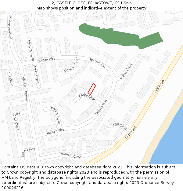 2, CASTLE CLOSE, FELIXSTOWE, IP11 9NN: Location map and indicative extent of plot