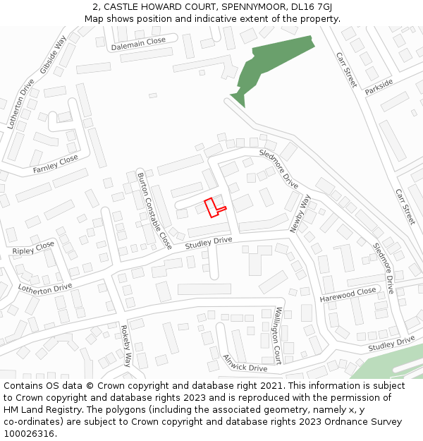 2, CASTLE HOWARD COURT, SPENNYMOOR, DL16 7GJ: Location map and indicative extent of plot