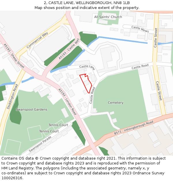 2, CASTLE LANE, WELLINGBOROUGH, NN8 1LB: Location map and indicative extent of plot