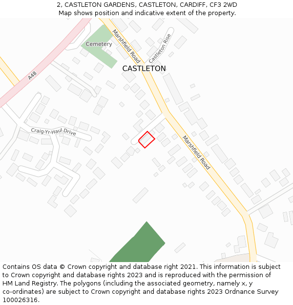 2, CASTLETON GARDENS, CASTLETON, CARDIFF, CF3 2WD: Location map and indicative extent of plot