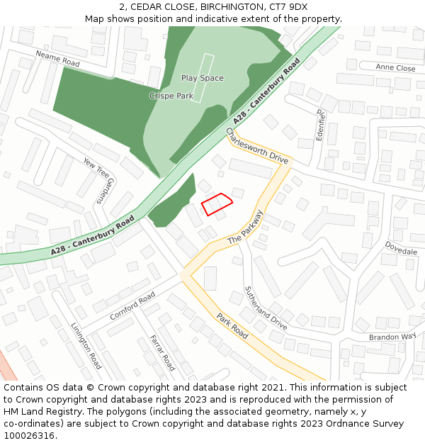 2, CEDAR CLOSE, BIRCHINGTON, CT7 9DX: Location map and indicative extent of plot