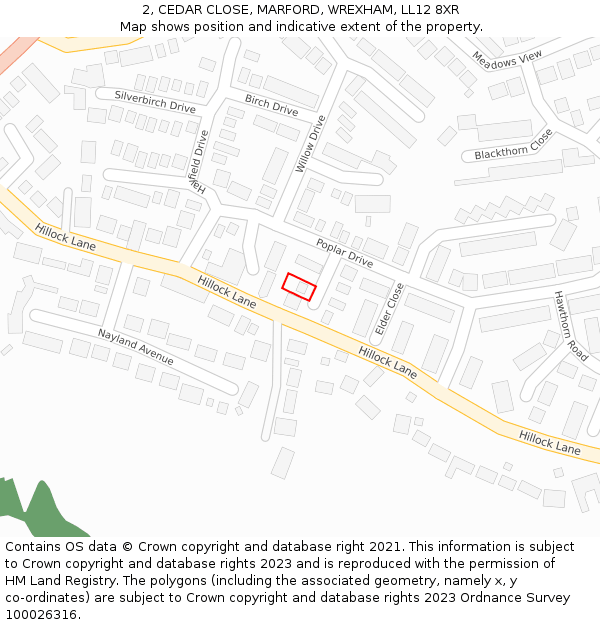 2, CEDAR CLOSE, MARFORD, WREXHAM, LL12 8XR: Location map and indicative extent of plot
