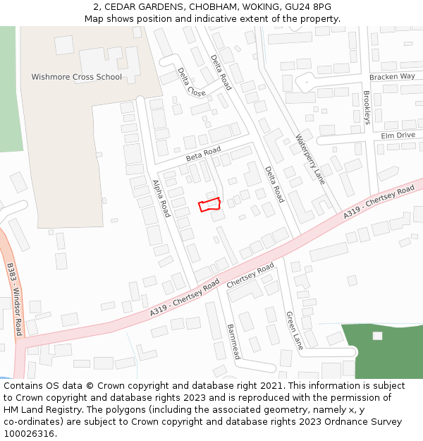 2, CEDAR GARDENS, CHOBHAM, WOKING, GU24 8PG: Location map and indicative extent of plot