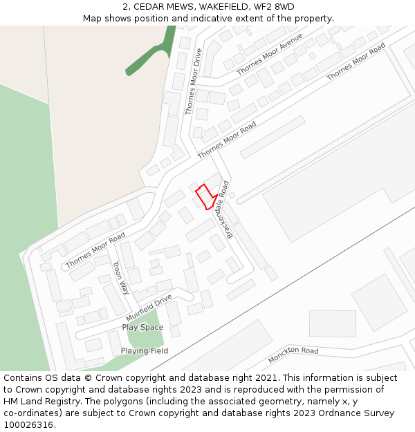 2, CEDAR MEWS, WAKEFIELD, WF2 8WD: Location map and indicative extent of plot