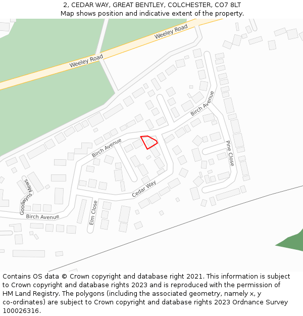 2, CEDAR WAY, GREAT BENTLEY, COLCHESTER, CO7 8LT: Location map and indicative extent of plot