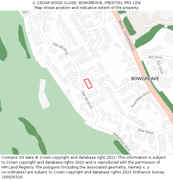 2, CEDAR WOOD CLOSE, BOWGREAVE, PRESTON, PR3 1ZW: Location map and indicative extent of plot