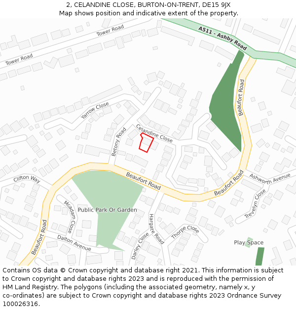 2, CELANDINE CLOSE, BURTON-ON-TRENT, DE15 9JX: Location map and indicative extent of plot