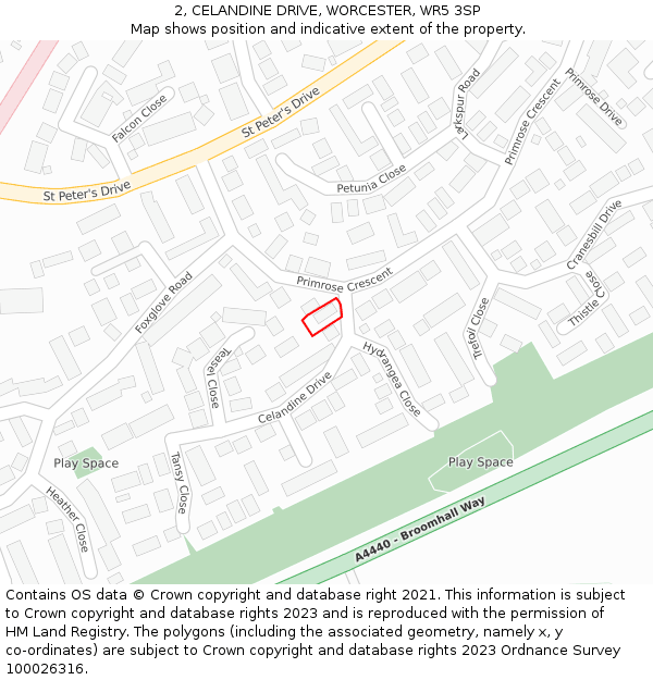2, CELANDINE DRIVE, WORCESTER, WR5 3SP: Location map and indicative extent of plot