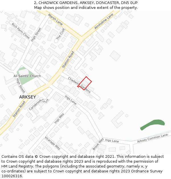 2, CHADWICK GARDENS, ARKSEY, DONCASTER, DN5 0UP: Location map and indicative extent of plot